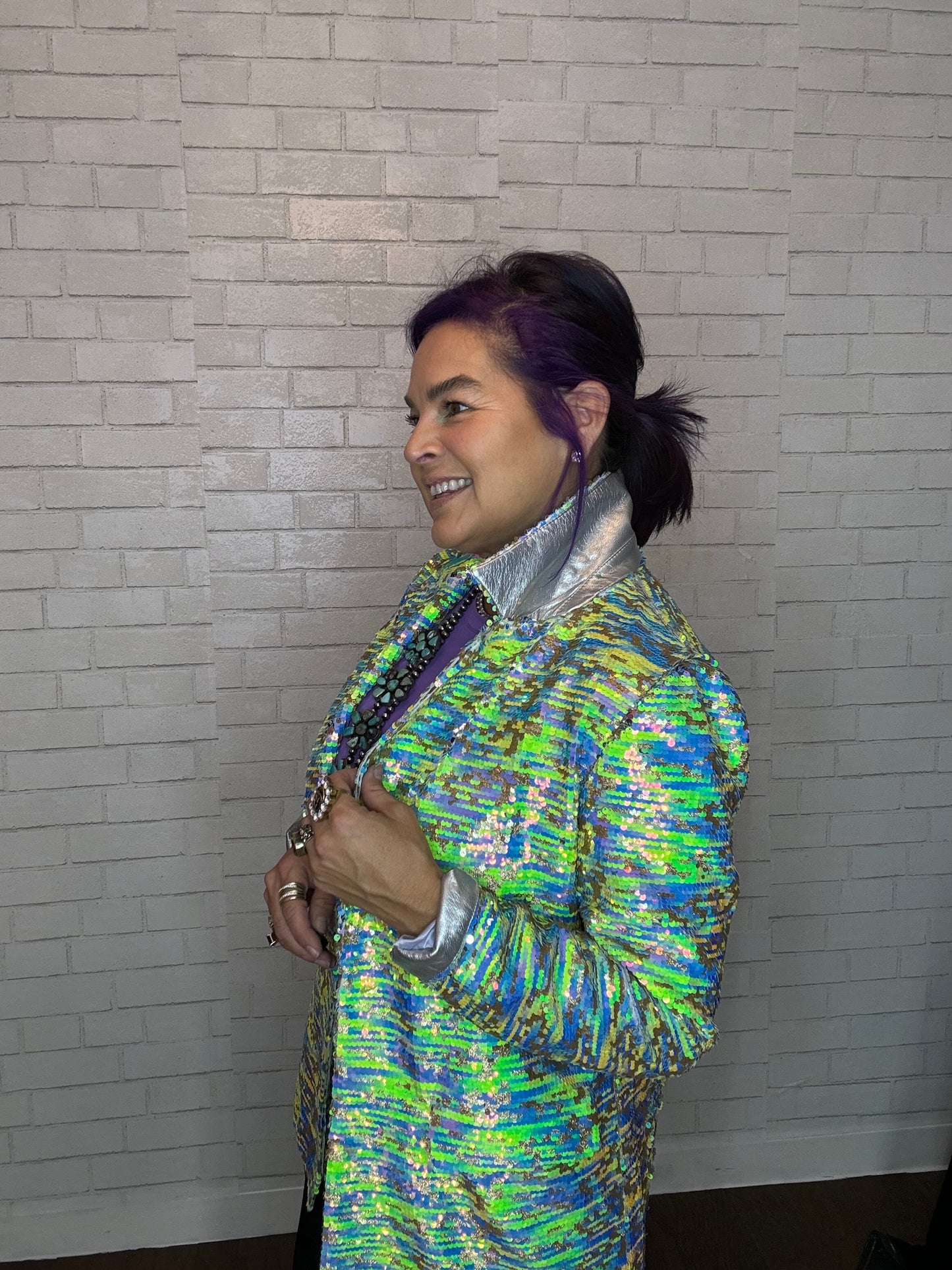 Sequin Multi-Colored Blazer w/Faux Fur Collar