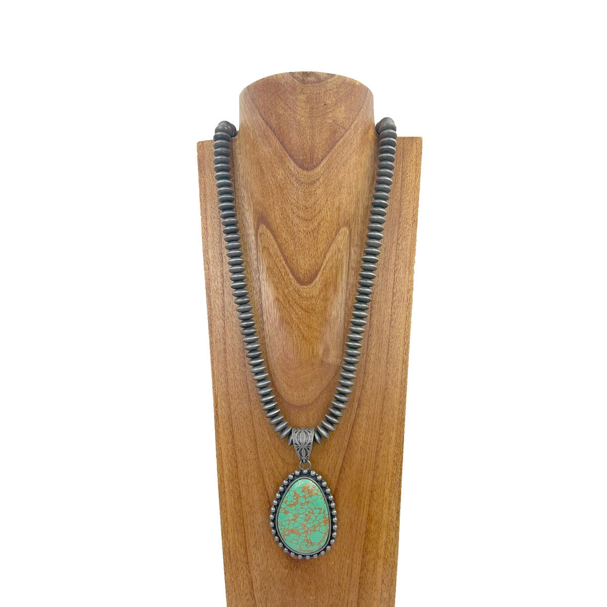 Silver Pearl Beads with Green Stone Teardrop Pendant Necklace