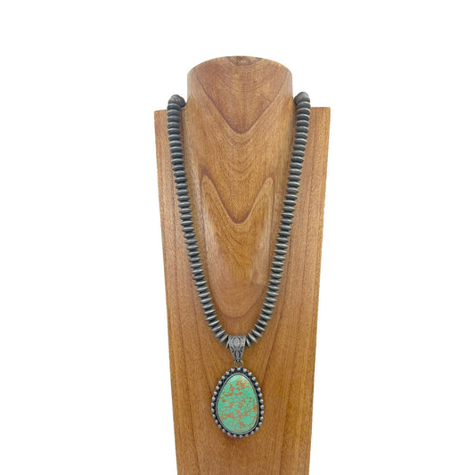 Silver Pearl Beads with Green Stone Teardrop Pendant Necklace