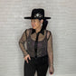 Rhinestone Sheer Fishnet Button Up Blouse