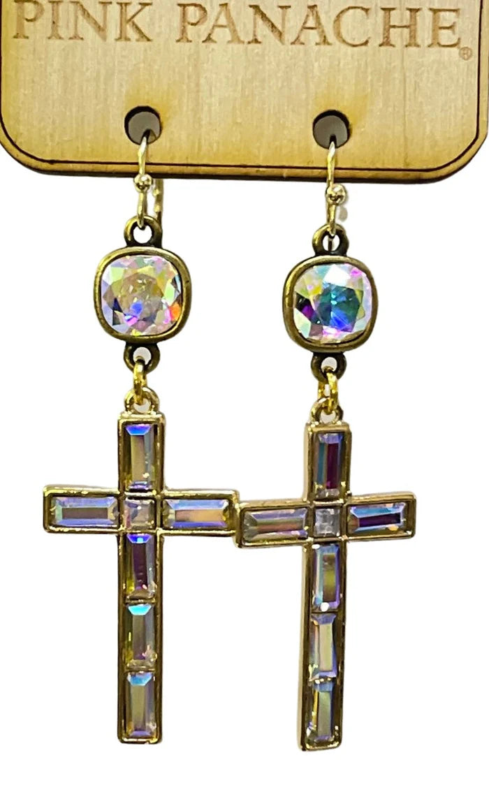 Iridescent Rhinestone Cross Earrings Austrian Crystal