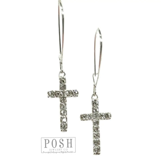 Clear Rhinestone Cross Earrings