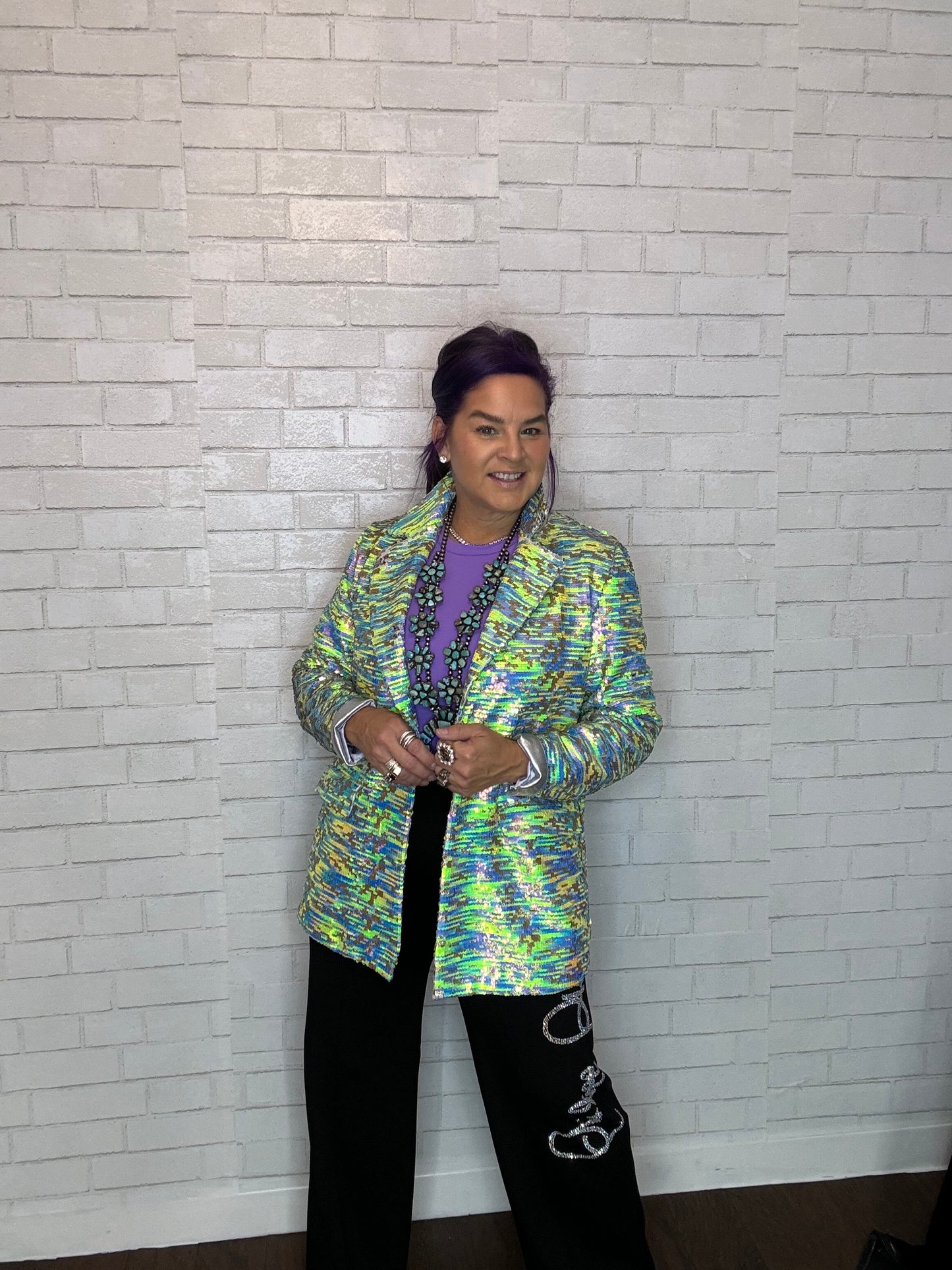 Sequin Multi-Colored Blazer w/Faux Fur Collar