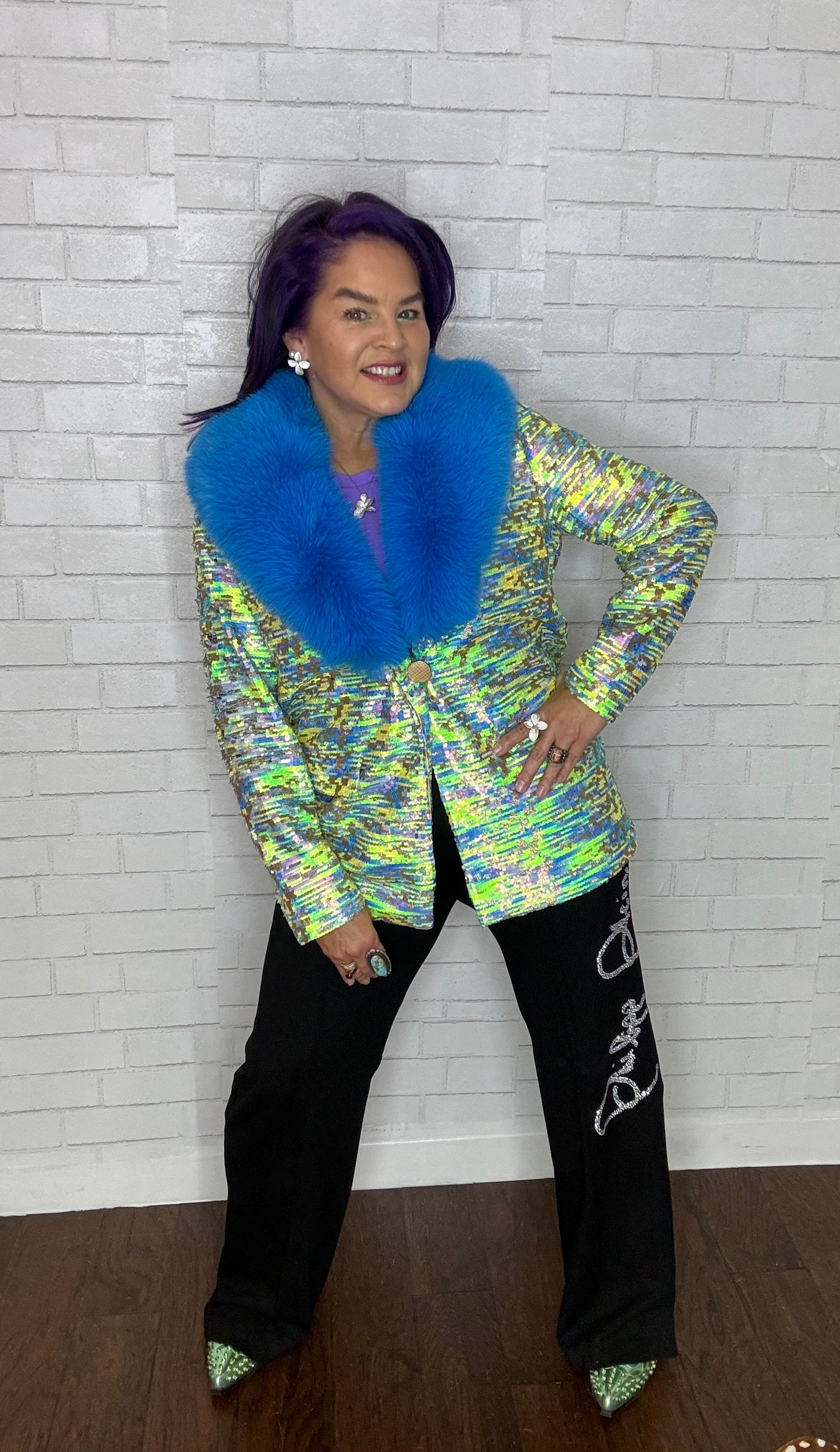 Sequin Multi-Colored Blazer w/Faux Fur Collar