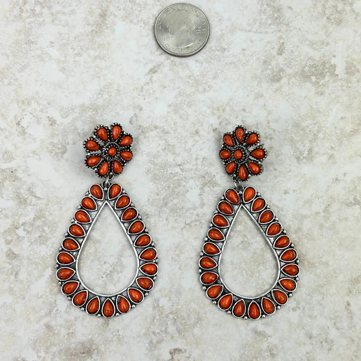 Orange Stone Floral Teardrop Earrings