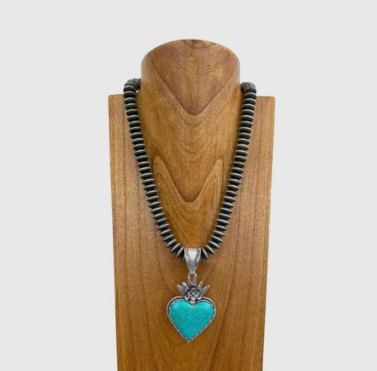 Pearl Beads with Blue Turquoise Heart Pendant Necklace