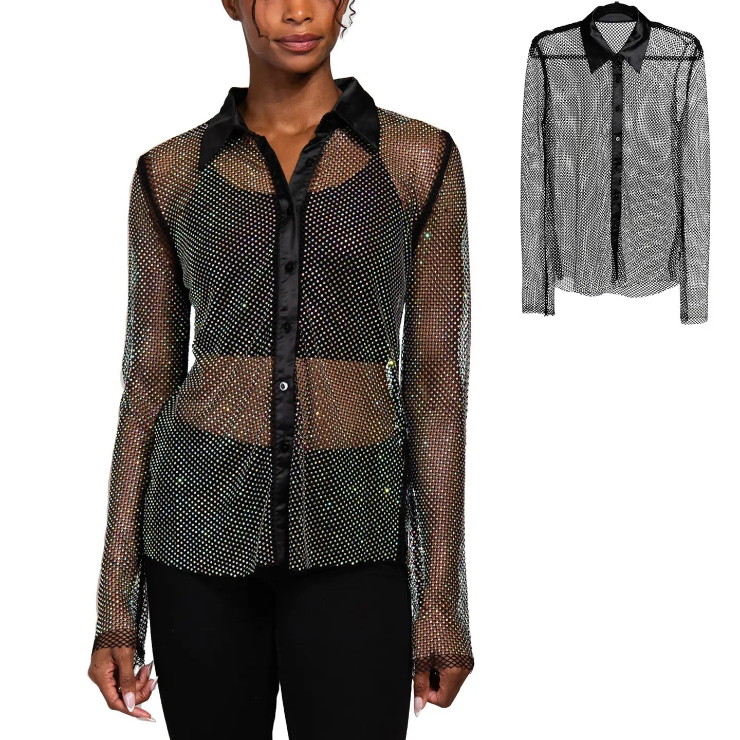 Rhinestone Sheer Fishnet Button Up Blouse