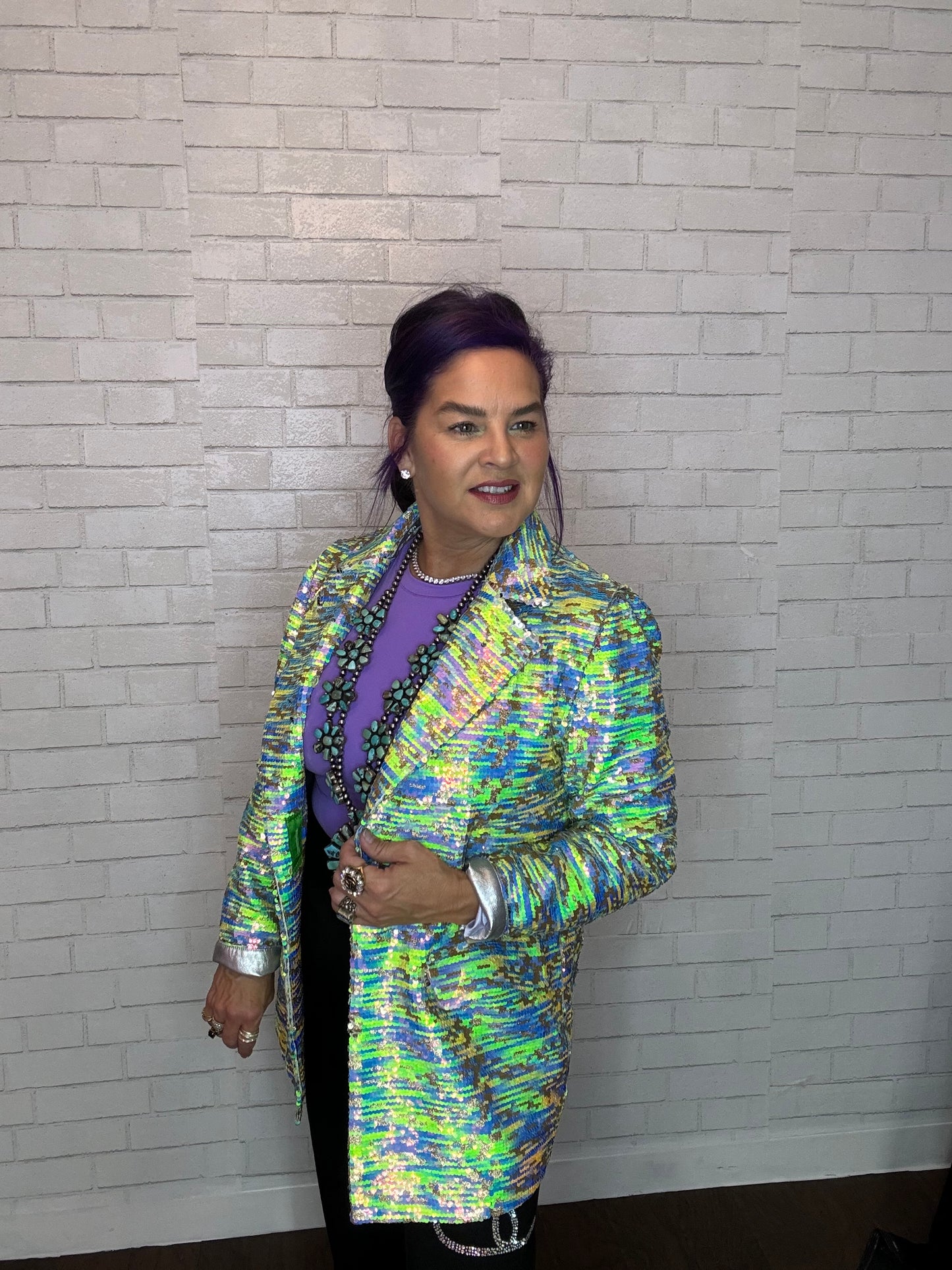 Sequin Multi-Colored Blazer w/Faux Fur Collar