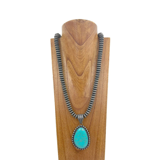 Silver Pearl Beads w/Blue Turquoise Stone Teardrop Pendant Necklace