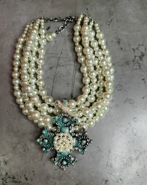 5 Strand Pearl Turquoise Cross Necklace