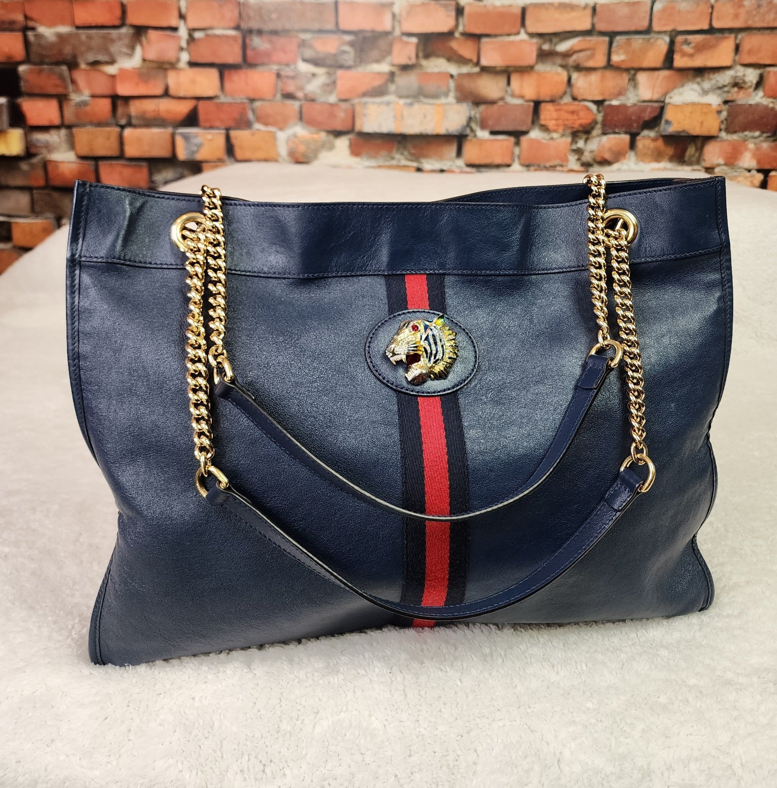 Gucci Rajah Suede Shopping Tote Bag Navy Blue Red