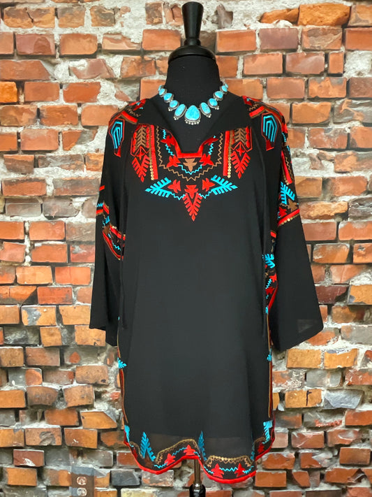 Sheer Black Tunic with Bold Colored Embroidery